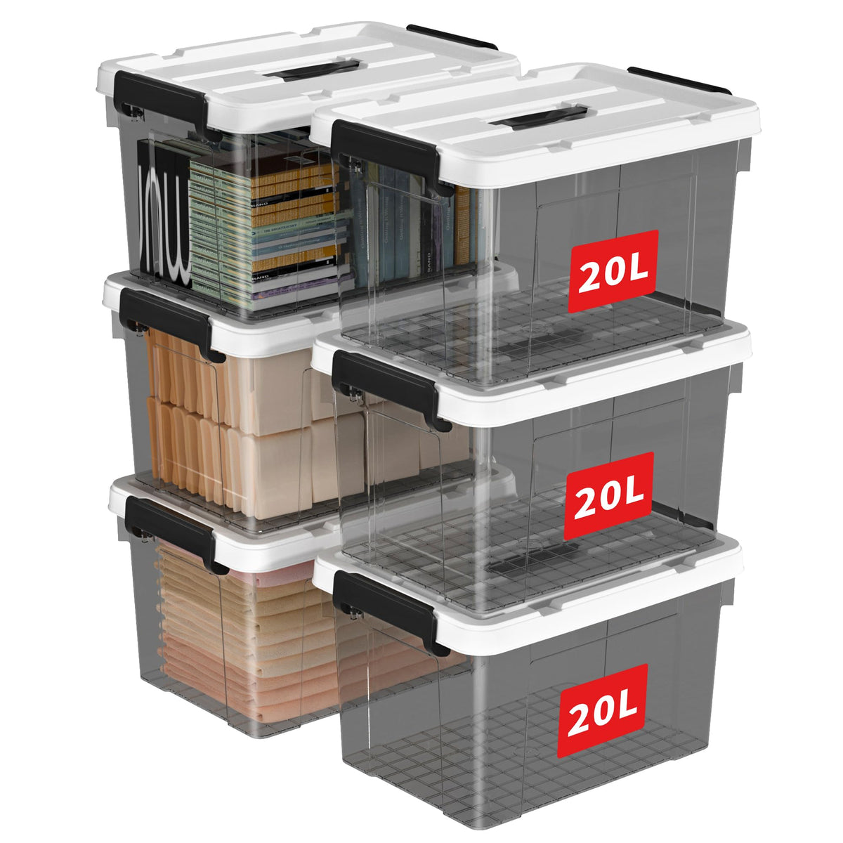 Cetomo 20L*6 Storage Boxes, Carry Plastic Storage Box with Lids, Organizing Container with Handle and Secure Latching Buckles, Stackable, Nestable