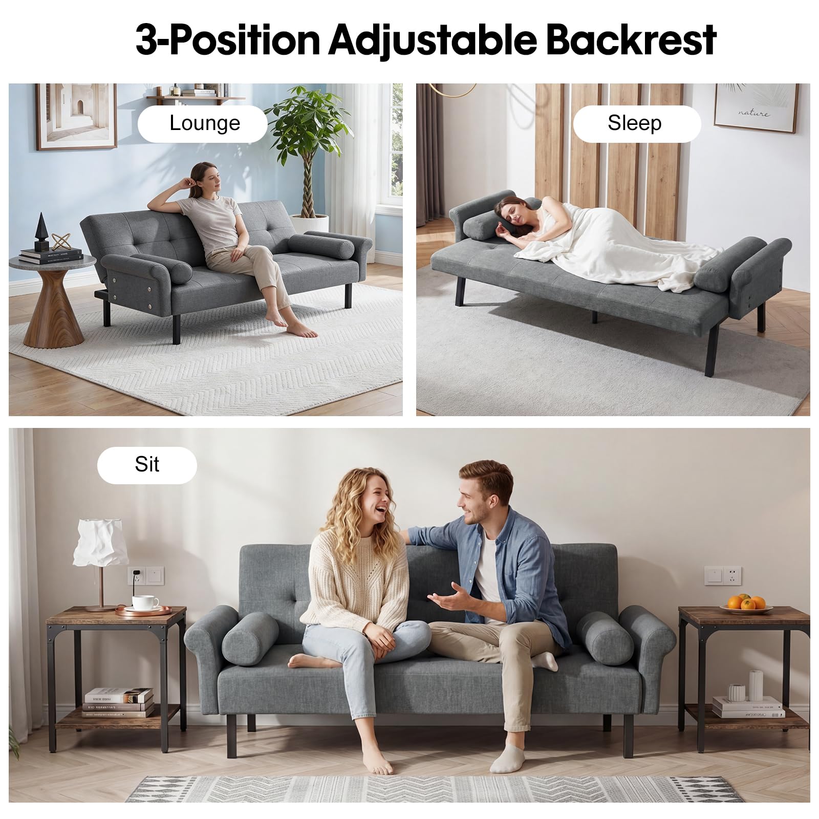 Panana Modern 3 Seater Sofa Bed, Fabric Upholstered Sofa bed with Metal Legs,Futon Recliner Lounge for Living Room, Spare Room, Bedroom