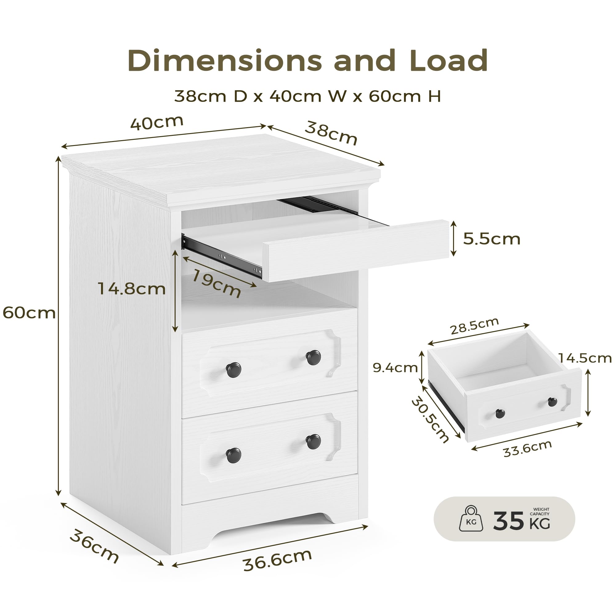 IRONCK Bedside Table Set of 2, Modern Nightstand with 2 Drawers, Open Shelf, End Table with Pull-Out Tray for Bedroom, Living Room, White