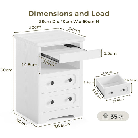 IRONCK Bedside Table with 2 Drawers, Modern Nightstand with Open Shelf, End Table with Pull-Out Tray for Bedroom, Living Room, White