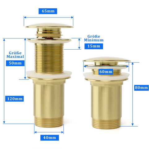 Universal drain fitting without overflow, pop-up drain plug made of solid brass for sink and washbasin, tool-free installation