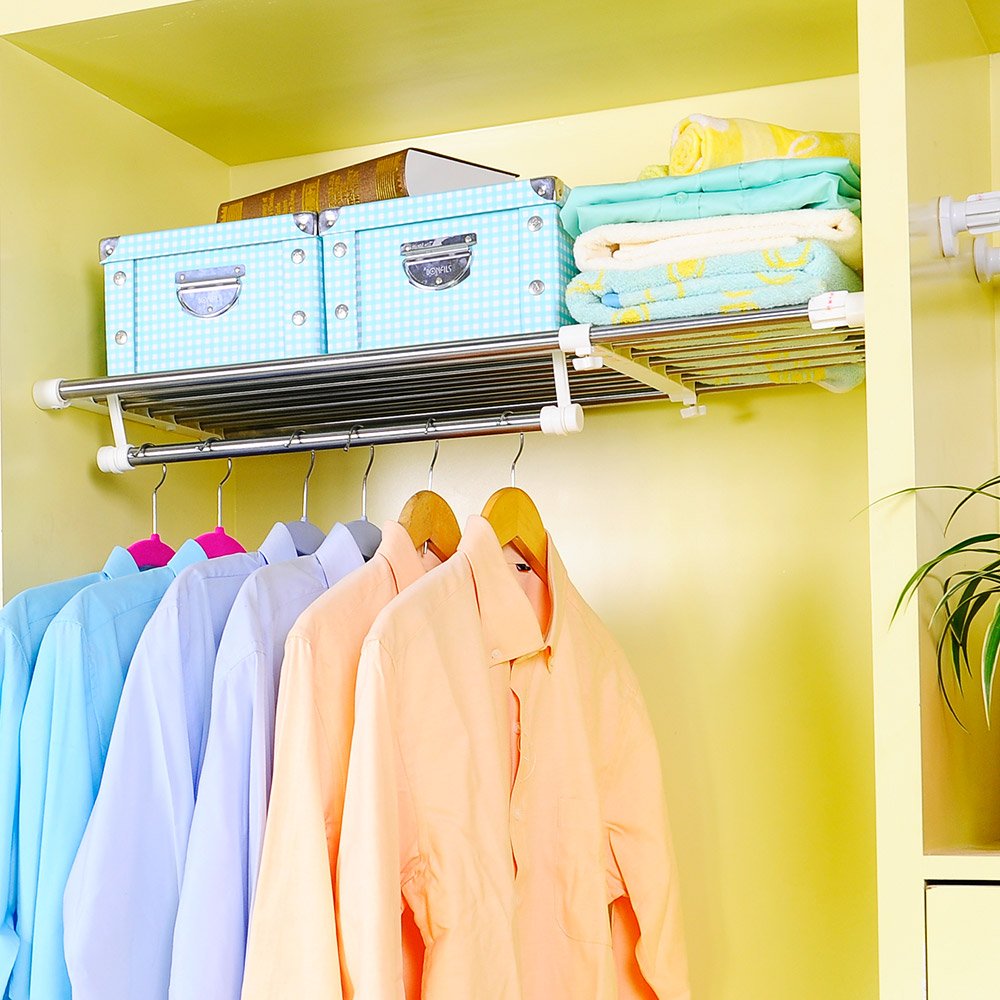 BAOYOUNI Extendable Closet Shelf Rod Clothes Hanger Organizer Heavy Duty Metal Storage Rack DIY Separator Divider (55-90cm)