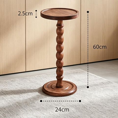 Perclyzm Solid Oak Wood Round Side Table, Rustic Brown Tall Pedestal Drinks Table, Dark Walnut Finish, Tray Top for Living Room, Sofa, Bedroom