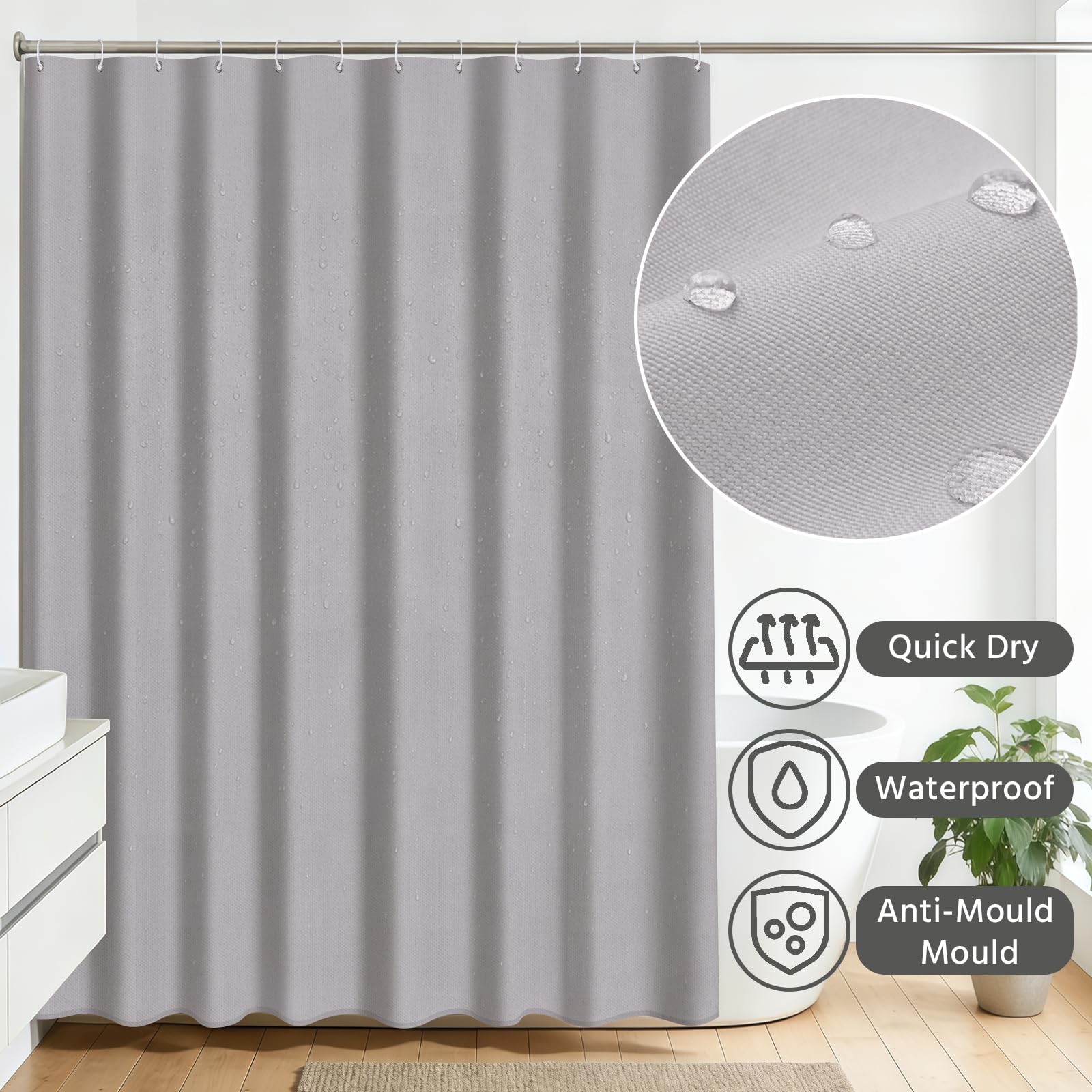 FAVORTALK Shower Curtain Mould Proof Mildew Resistant, 180x180cm Grey Bathroom Curtain Set With 12 Hooks, Weighted Hem