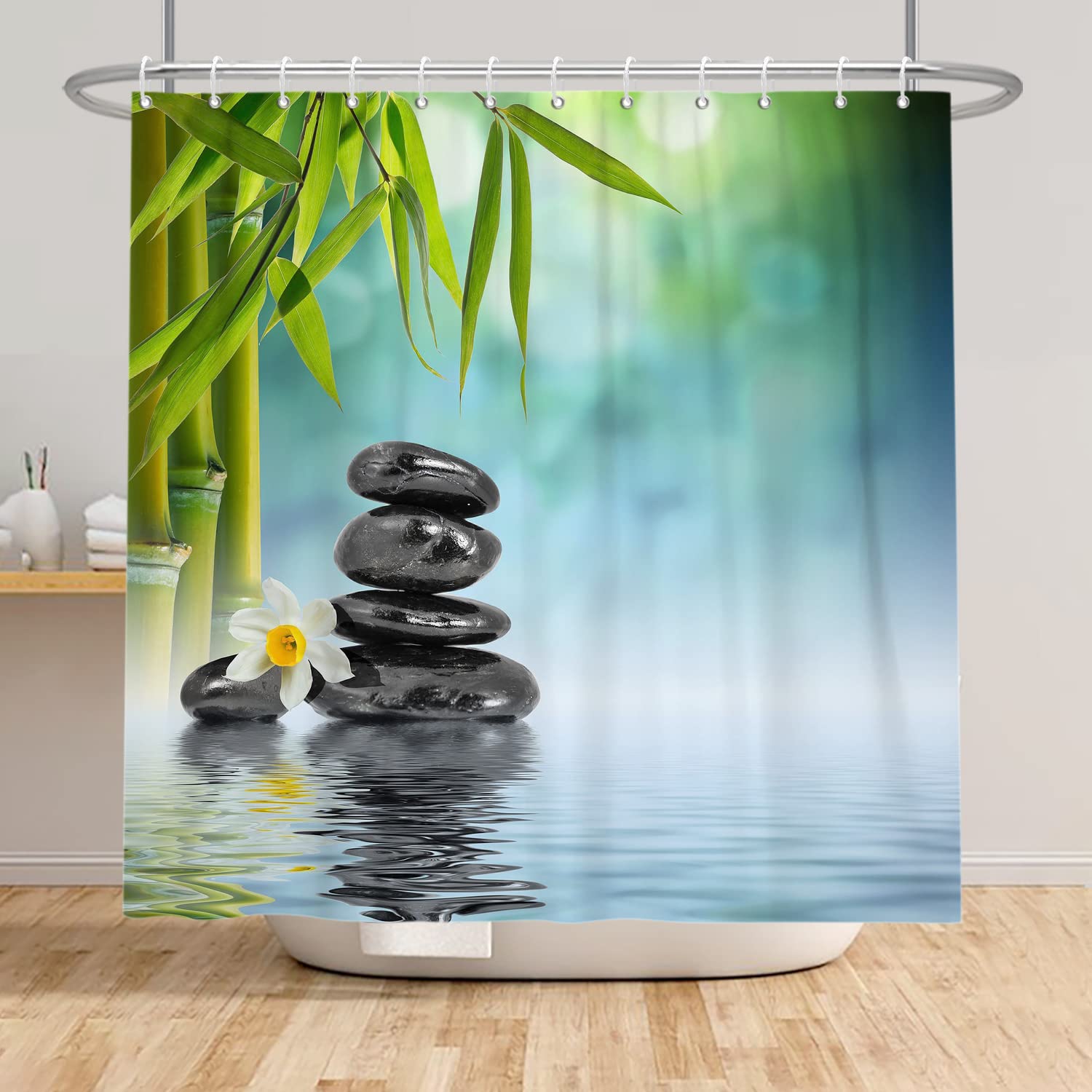 SDOTPMT 72x96inch Spa Japanese Theme Shower Curtain Green Bamboo Leaves Orchid Basalt Stones Bath Curtain Zen Meditation Bathtub Curtain for Bathroom