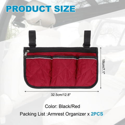 YELARXI Beach Chair Armrest Bag, Beach Side Bag Hanging Storage Organizer with Reflective 4 Pockets Waterproof Pouch 13 x 7" & 2Pcs & Black/Red