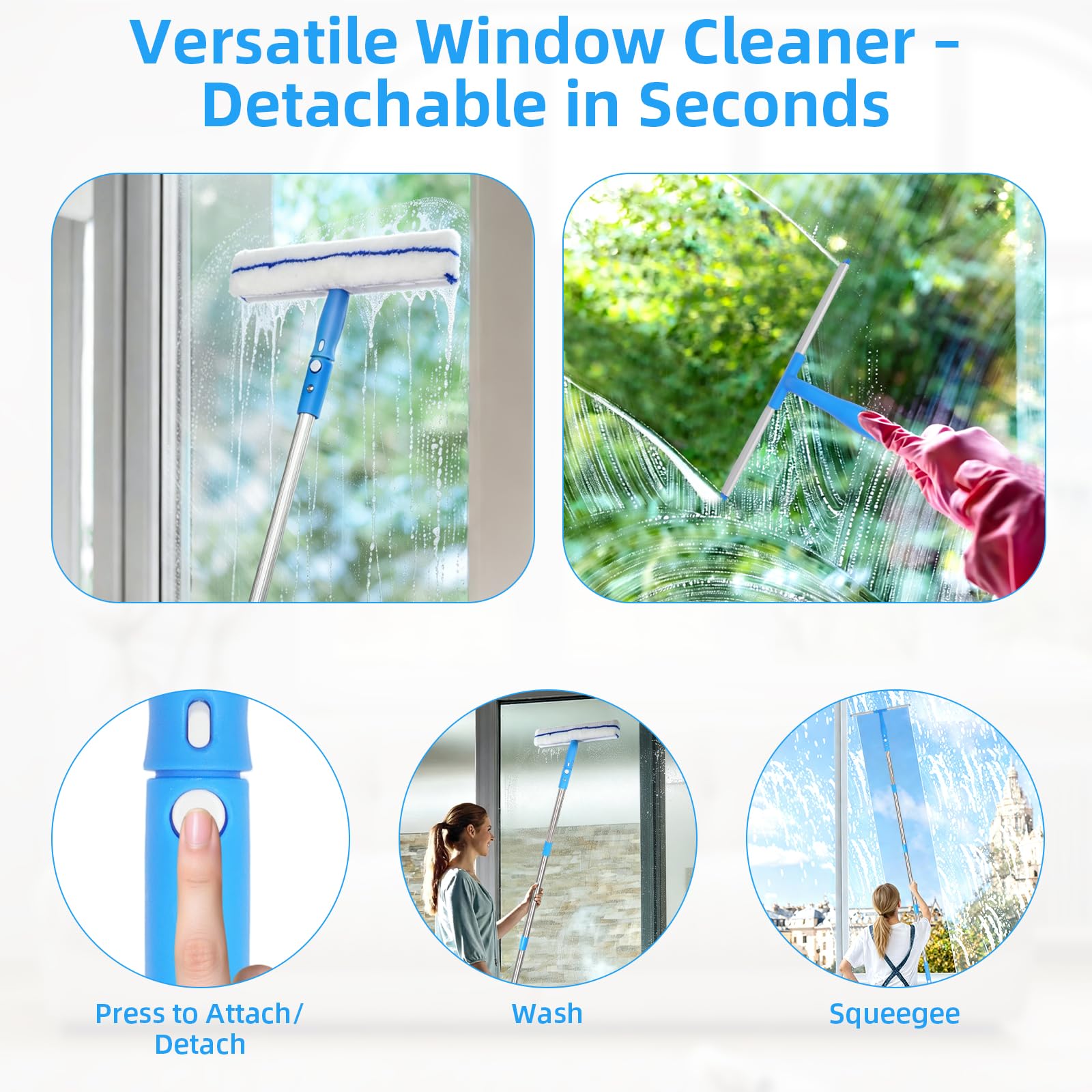Window Cleaning Equipment with 3m Extension Pole, Squeegee Scrubber Tool