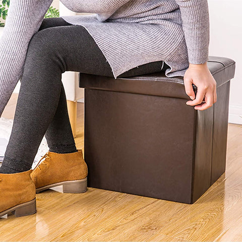 BRIAN & DANY Folding Ottoman Storage Box with Lid, Faux Leather Footstool Toy Storage Box Storage Seat 38 x 38 x 38 cm (Brown)