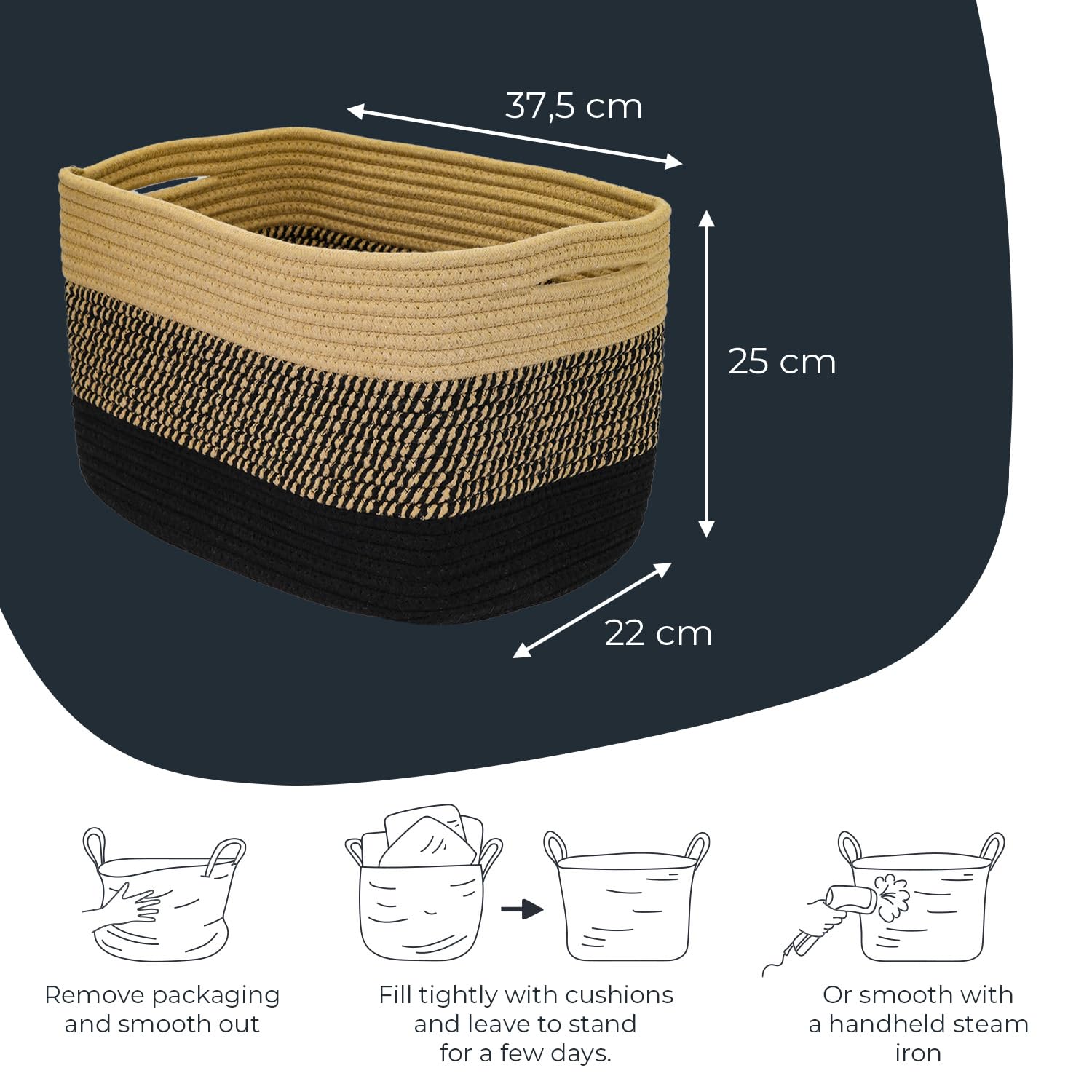 HMF Storage Basket with Hidden Handles, Set of 3, Cotton Basket, 37.5 x 25 x 22.5 cm, Black Honey