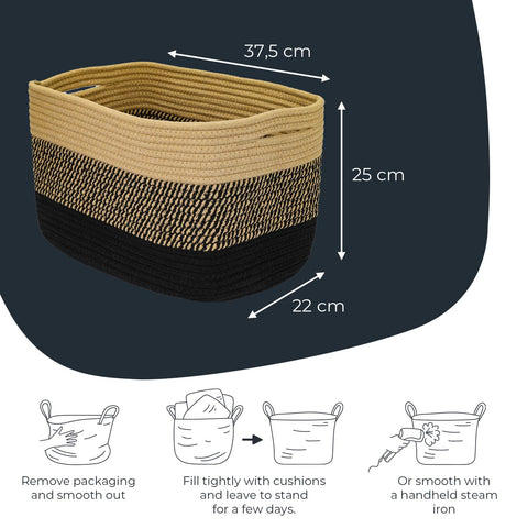 HMF Storage Basket with Hidden Handles, Set of 3, Cotton Basket, 37.5 x 25 x 22.5 cm, Black Honey