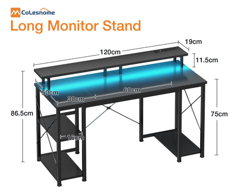 Coleshome Gaming Desk with LED Lights, 120x50 cm, Carbon Fiber Black