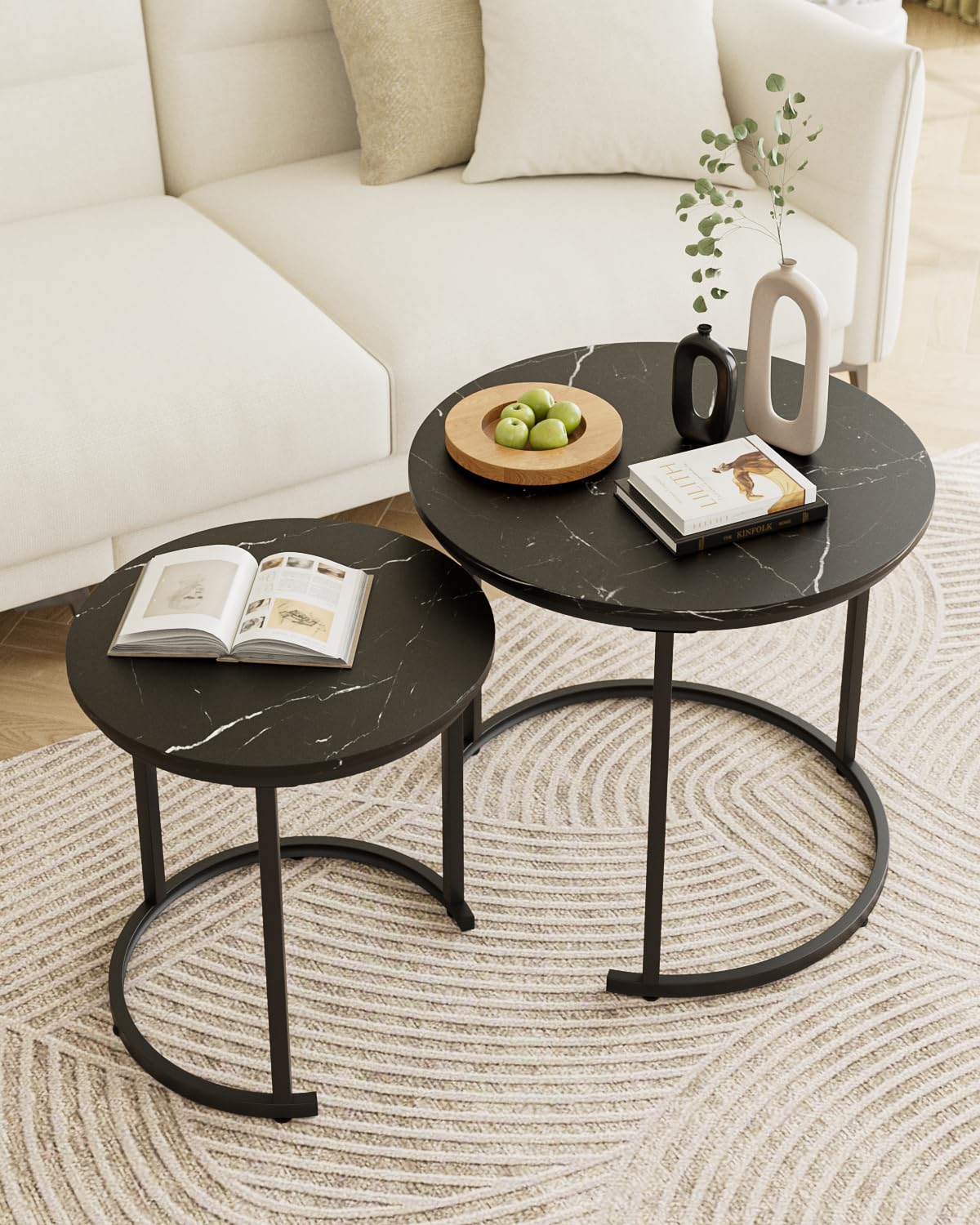 HEYZOEY Round Coffee Tables, Removable Set of 2 End Table, Nesting Table, Side Table with Black Metal Frame Legs and Marble Black Top for Living Room