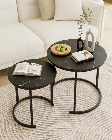 HEYZOEY Round Coffee Tables, Removable Set of 2 End Table, Nesting Table, Side Table with Black Metal Frame Legs and Marble Black Top for Living Room