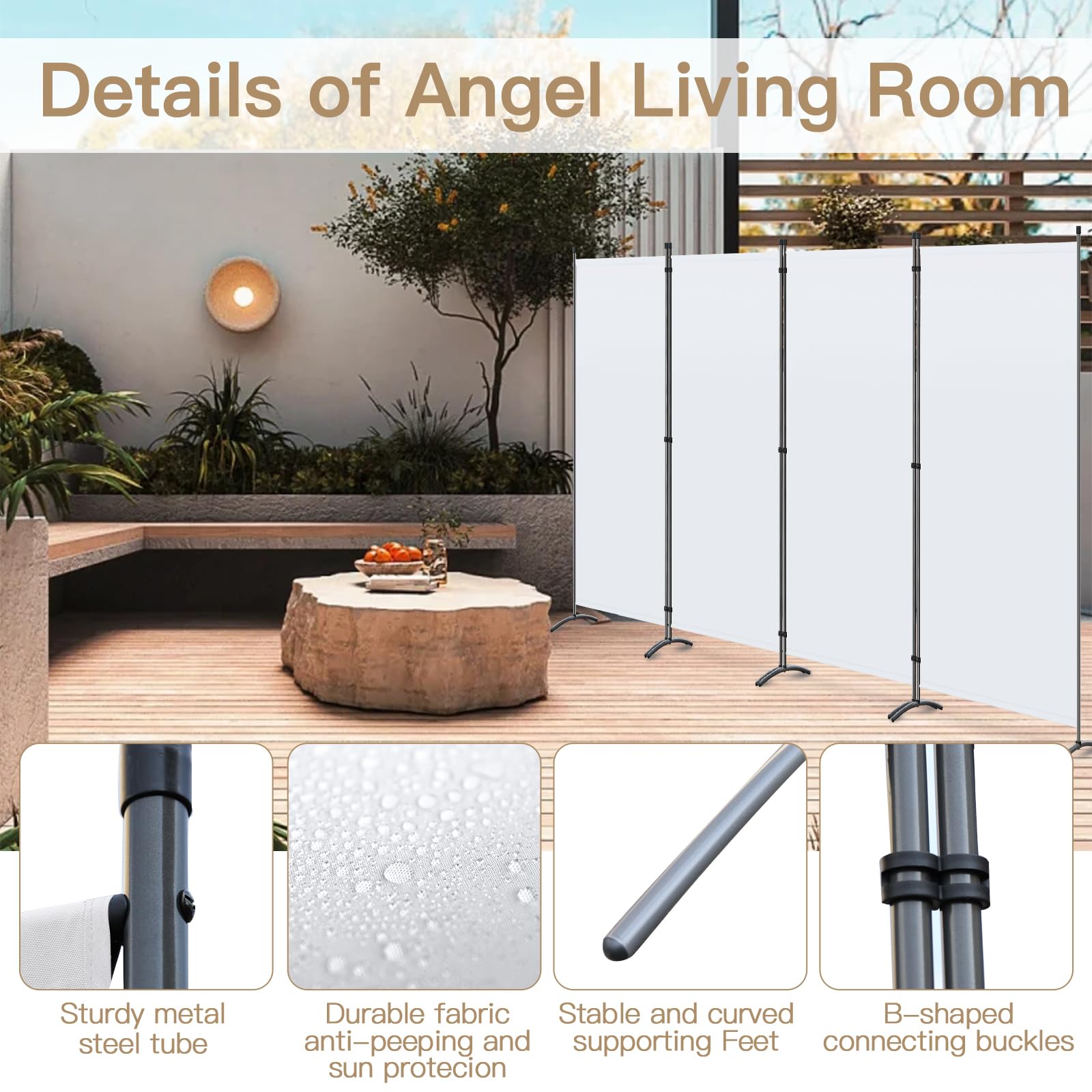 Angel Living 4 Panels Folding Room Divider | Privacy Screen with Polyester Fabric & Sturdy Iron Frame | Freestanding Partition for Office, Bedroom