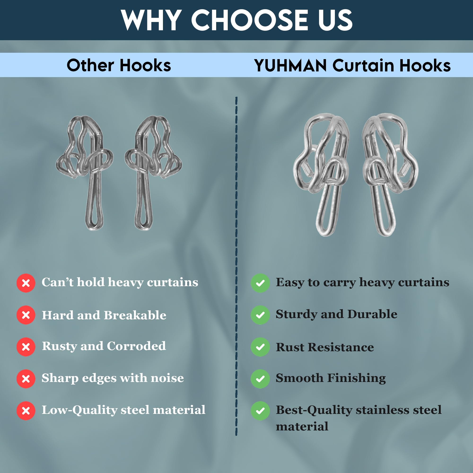 Yuhman 60 Pack Metal Curtain Hooks – 2.9cm x 1.3cm Premium & Heavy-Duty Curtain Hooks Metal – Ideal for Windows, Doors & Shower Curtains.