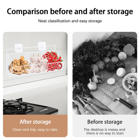 Gzsekken Wall-Mounted Hanging Kitchen Storage Baskets,Metal Storage Baskets with 3 Sections Wire Shelf No Drilling Adhesive Storage Basket Organiser