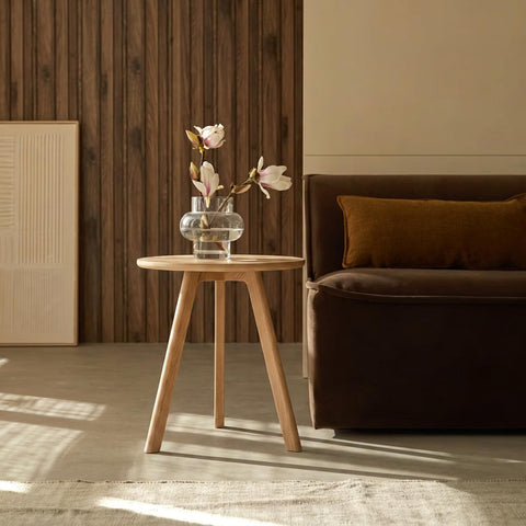 Raico Round Side Table 100% Solid Oak Wood Occasional Minimal Scandinavian End Table for Living Room (Natural Oak)