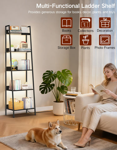 OUTONLIFE 5-Tier Small Ladder Shelf with LED Lights, Touch & Remote Control, 3 Color Temperatures, Dimmable Tall Corner Standing Bookcase