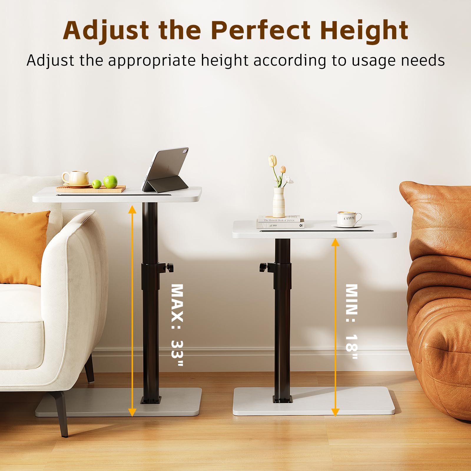 CAIYUN C Shaped Side Table, Height Adjustable Swivel 360° Rotating, White End Table Set of 2 for Small Spaces