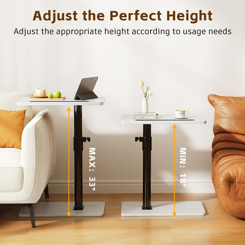 CAIYUN C Shaped Side Table, Height Adjustable Swivel 360° Rotating, White End Table Set of 2 for Small Spaces
