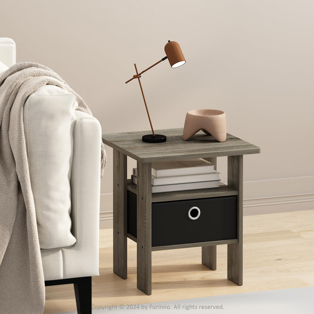 Furinno MODERN Square Top Side Table with Storage Bin, Grey Oak