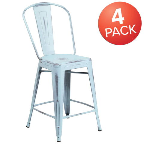 Flash Furniture Blake Commercial Grade 4 Pack 24" High Distressed Green-Blue Metal Indoor-Outdoor Counter Height Stool with Back