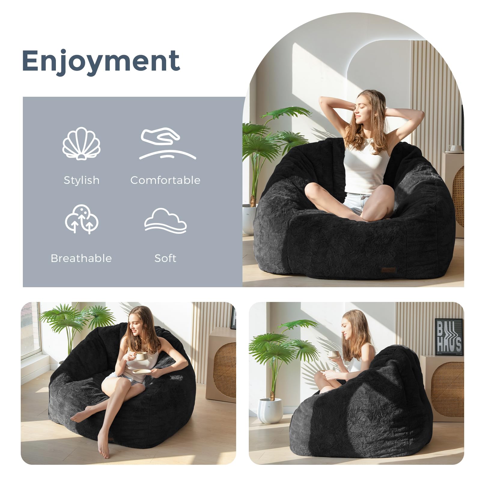 MAXYOYO Giant Bean Bag Chair,Faux Fur Shell Shaped Bean Bag Sofa with Filler,Soft Beanbag Sofa Giant Size for Living Room Bedroom