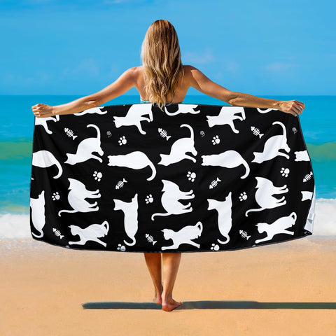 Violetpos Black White Cat Silhouette Beach Towel, Extra Large 180x90 cm 250GSM Microfibre, Sand Free Quick Dry