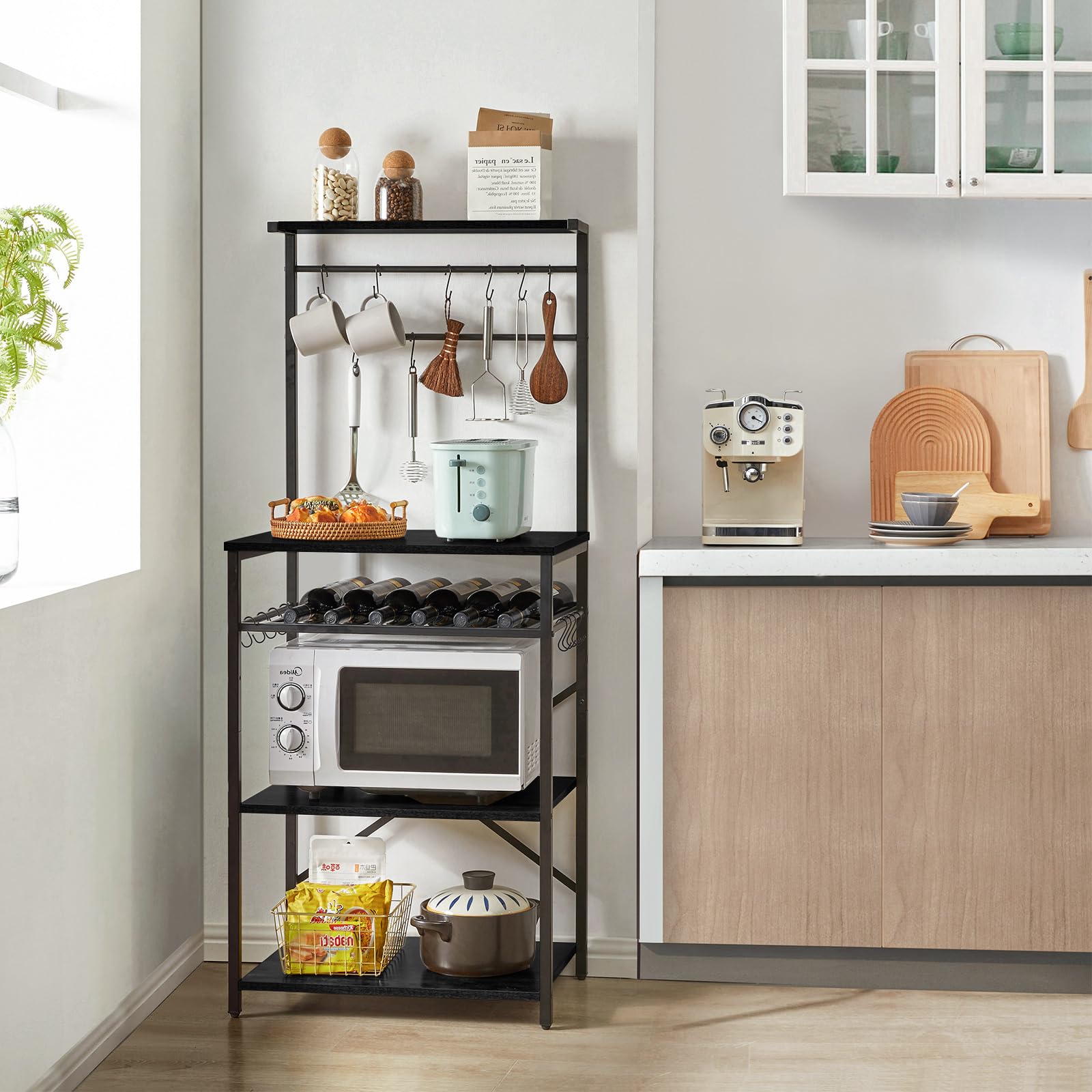 YMYNY Kitchen Baker's Rack, Microwave Oven Stand with Storage Shelves, Industrial Coffee Bar Station, with Adjustable Wine Holders and S-Hooks