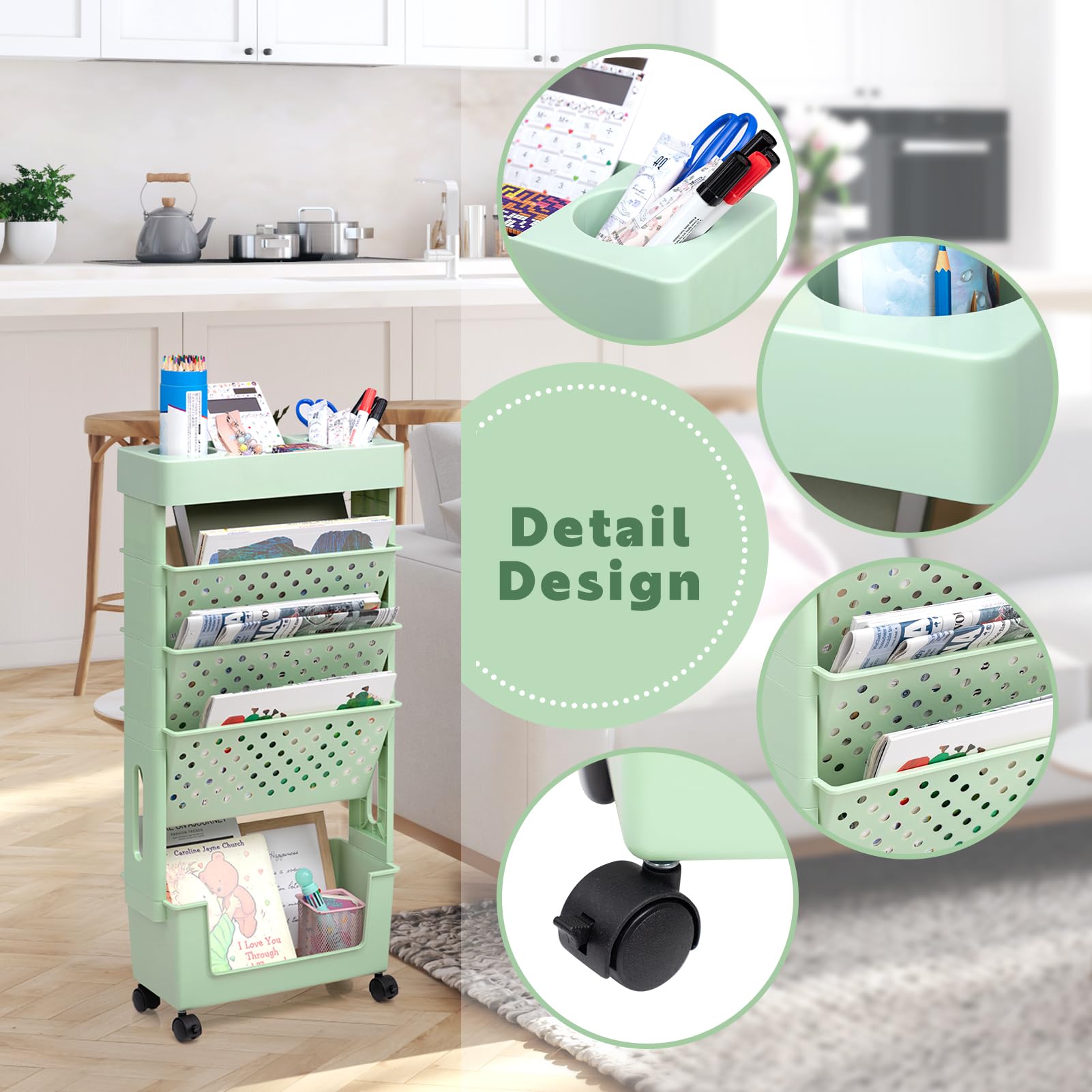 DOEWORKS Mobile Bookshelf with Wheels Small Rolling Book Storage Trolley Craft Trolley Art Trolleys 5-Tier Slim Bookcase Movable Bookshelf for Living