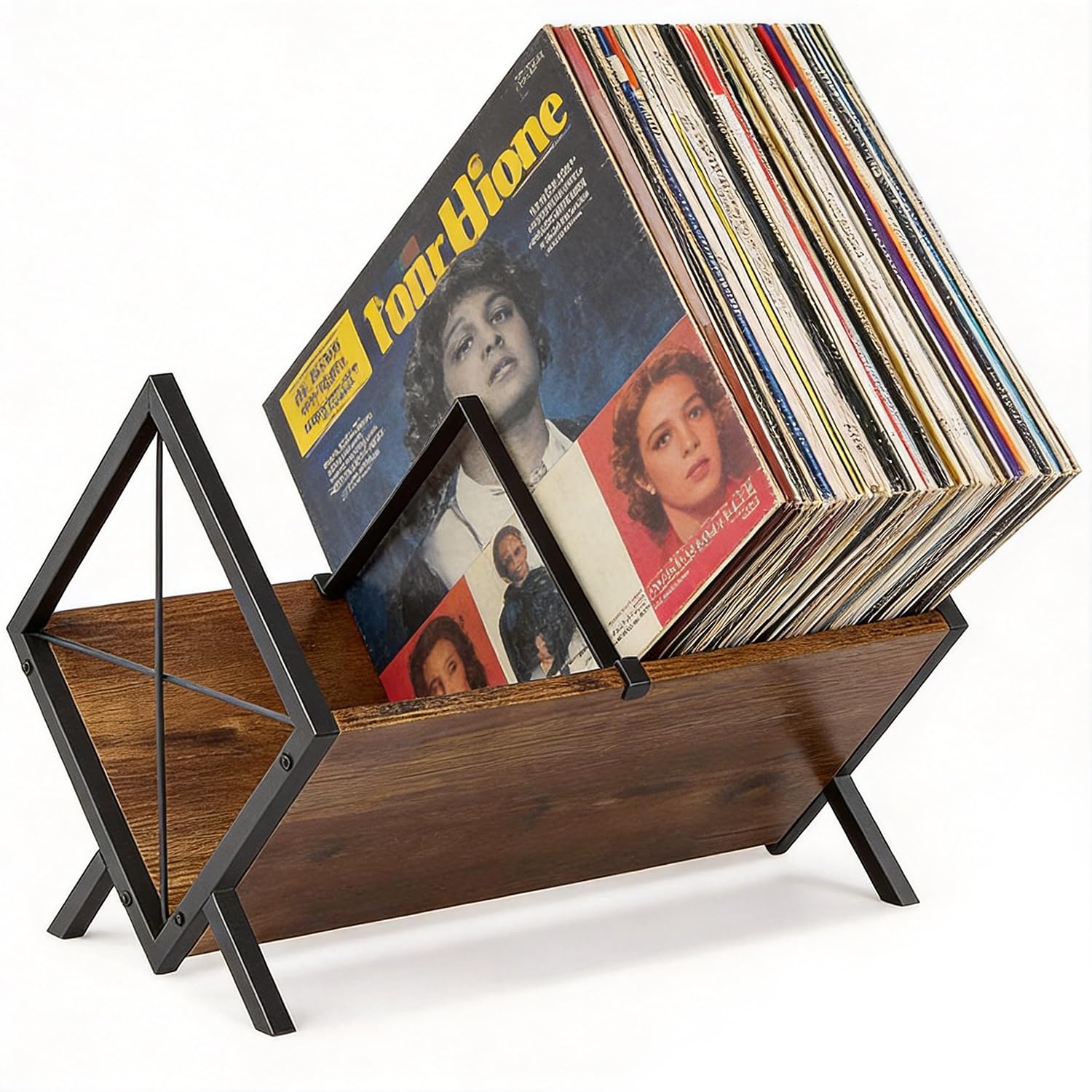 24LP Vinyl Record Storage Rack, Wood & Iron Rack with Adjustable Divider
