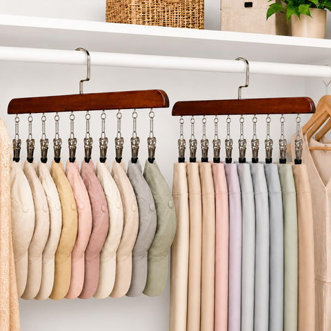 2PCS Wooden Trouser Hanger 10 Clips, Space Saving Closet Organiser
