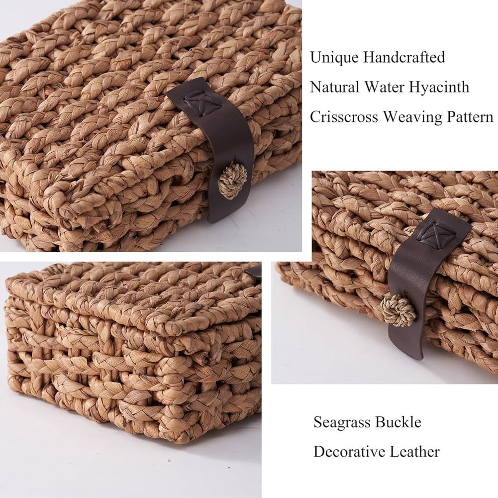 Pinafresa Decorative Woven Box with Lid, Water Hyacinth Design Wicker Storage Basket for Shelf, Coffee Table Small