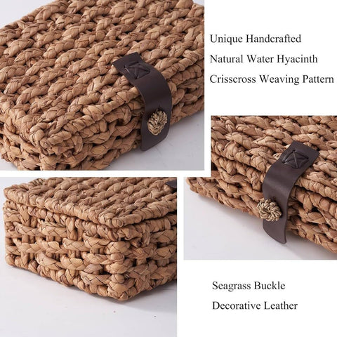 Pinafresa Decorative Woven Box with Lid, Water Hyacinth Design Wicker Storage Basket for Shelf, Coffee Table Small
