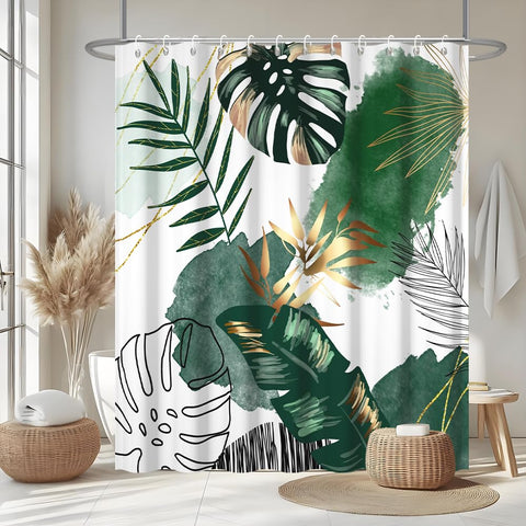 Uiiooazy Green Gold Shower Curtain, Abstract Palm Leaves Boho Monstera Tropical Plante Bath Curtain Anti Mildew Waterproof Polyester Fabric Opaque