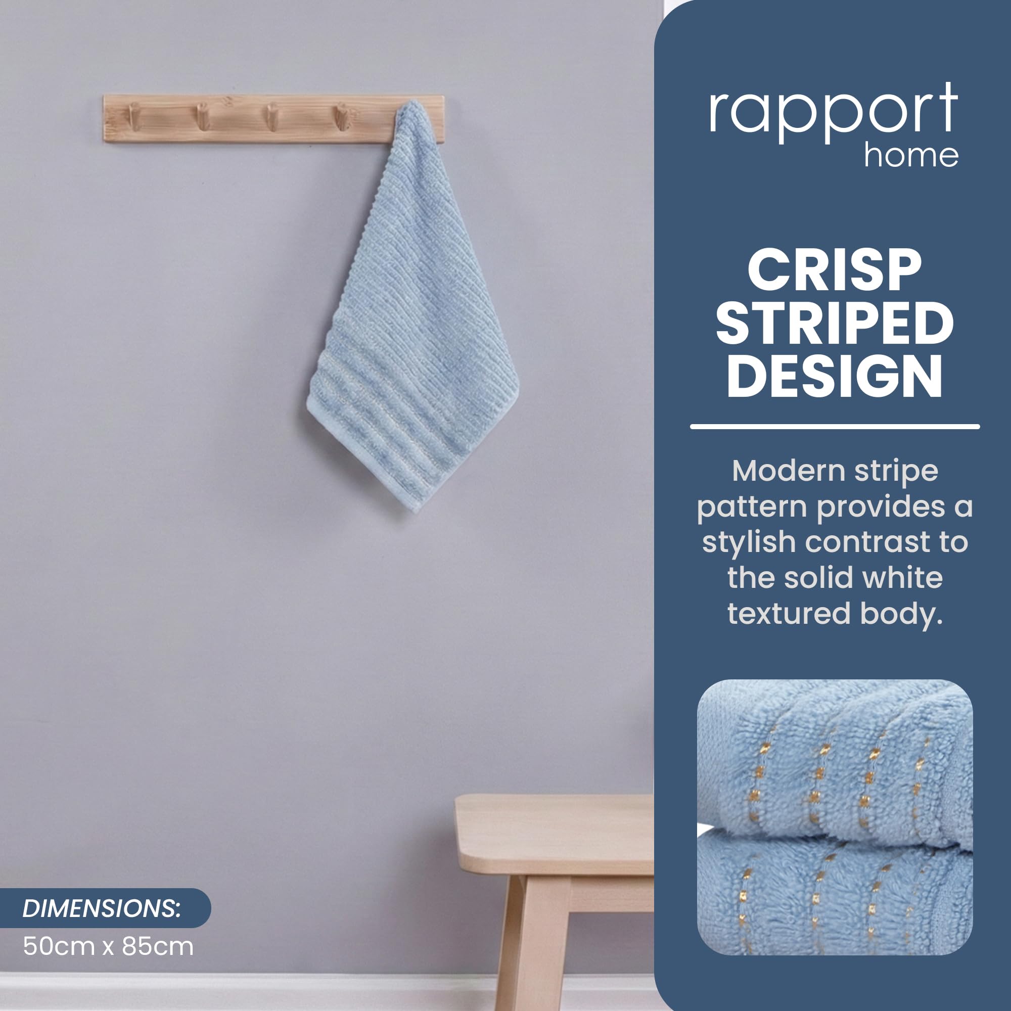 Rapport Home 2-Pack Linear Hand Towels | 50x85cm 100% Cotton 500GSM | Absorbent & Soft Bathroom Towel Set | Oeko-Tex Certified | Sky Blue