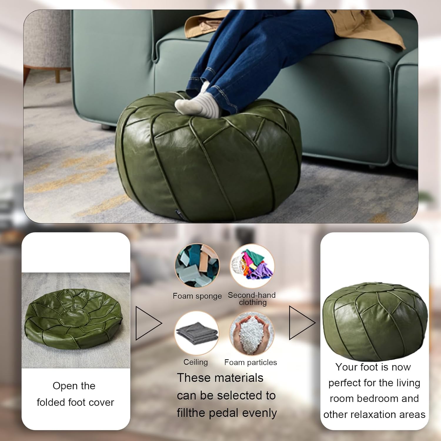 Louis Donné Premium Artisanal Leather Pouffe, Handmade Unstuffed Ottoman Round Pouf Cover, Footstool, Round Pouffe Foot Stool Floor Cushion… (lvse109)