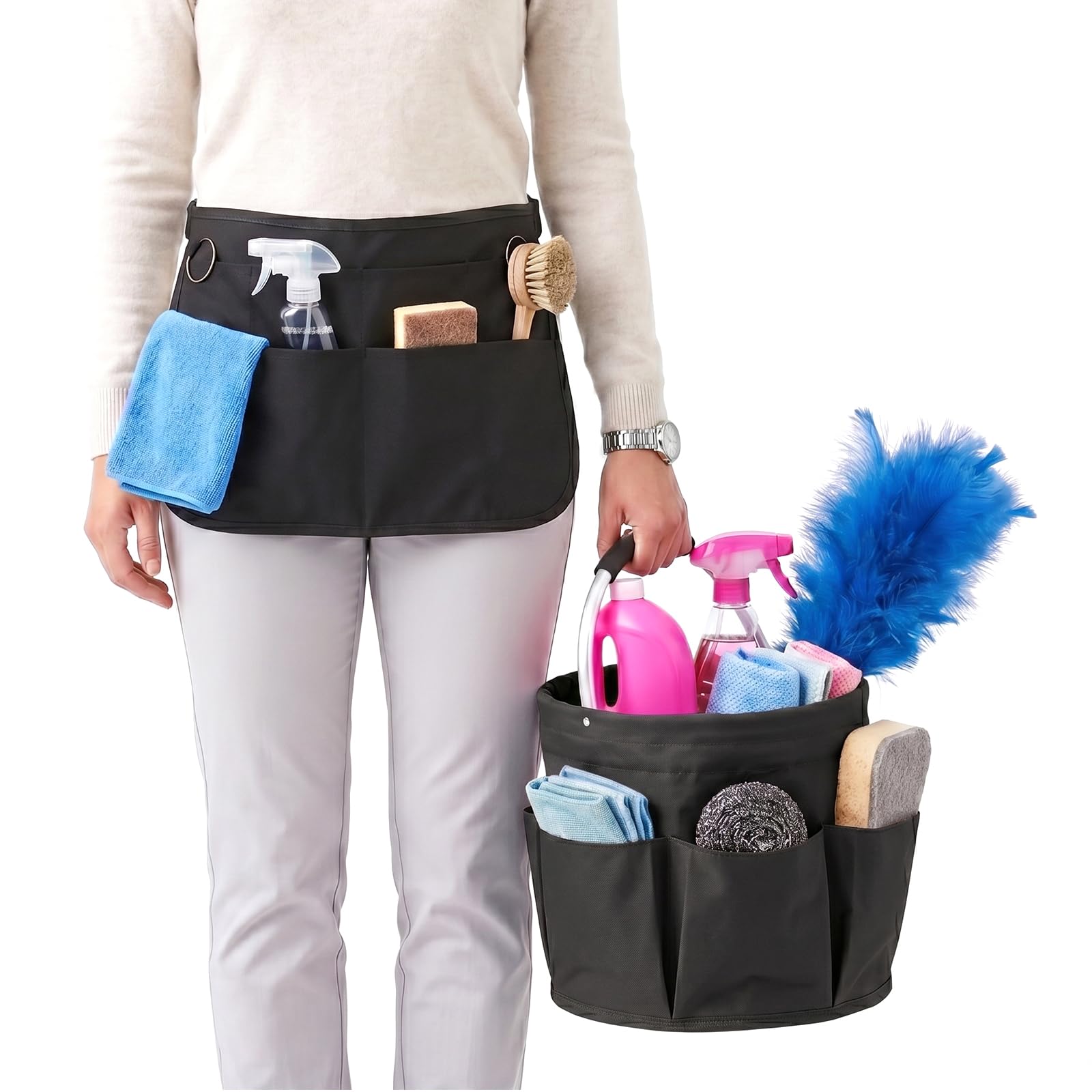 IHOMAGIC Professional Cleaning Supplies Organiser Set, 17L Collapsible Cleaning Caddy with 6 Pockets & Multi-Pocket Housekeeping Apron for Home