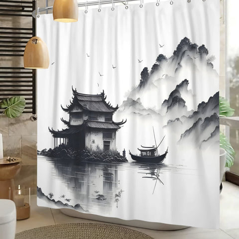 SDOTPMT 180x180cm Lake Mountain Shower Curtain Smokey Mountain Boat Wild Nature Bathtub Countryside Scenery Photo Artwork Bath Curtain for Bathroom