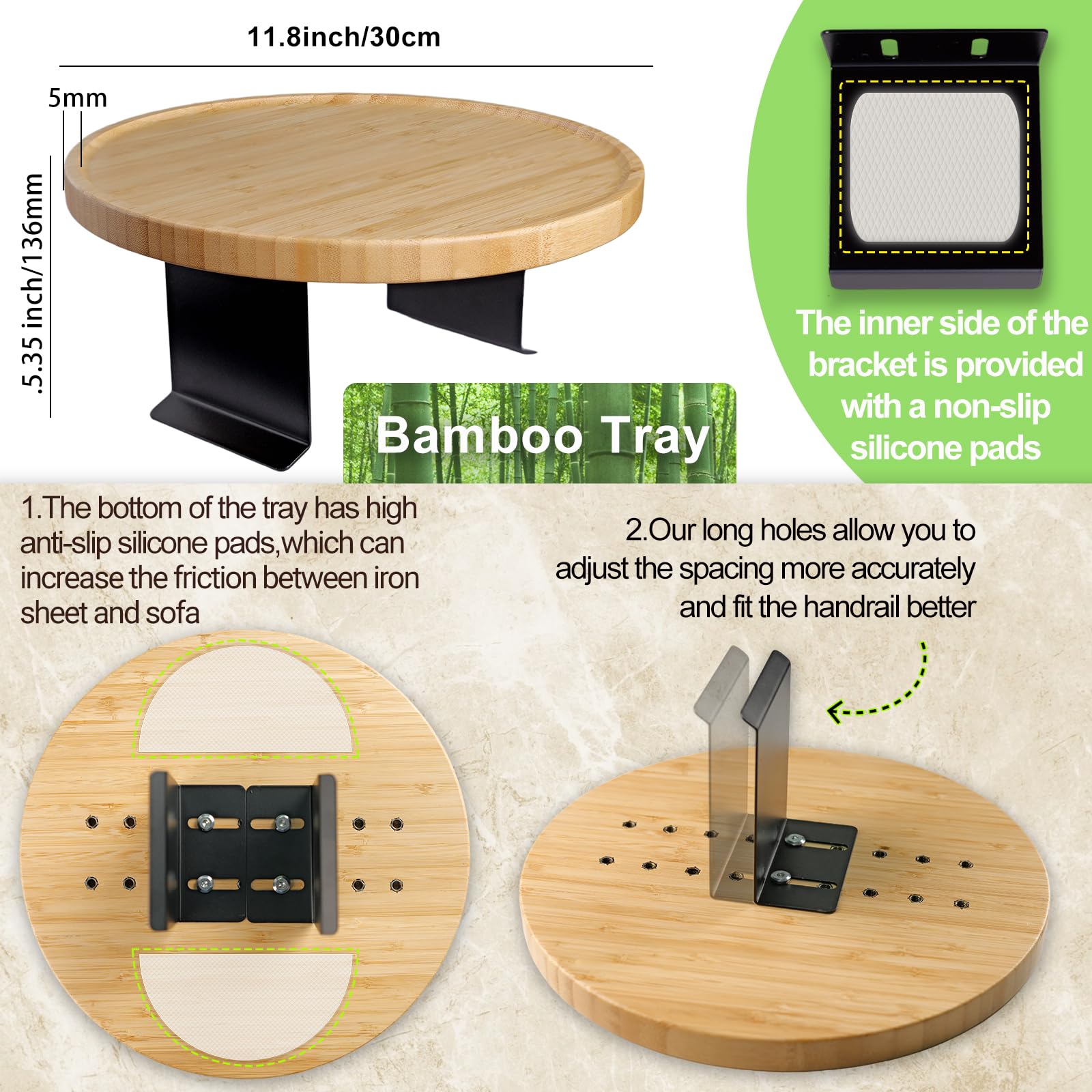 Semjar Bamboo Sofa Arm Tray Table,Adjustable Couch Armchair Tray for Thin & Wide Couches Arms,Round Wooden Sofa Armrest Side Table Couch Caddy Cup