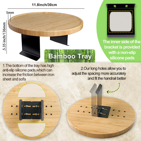 Semjar Bamboo Sofa Arm Tray Table,Adjustable Couch Armchair Tray for Thin & Wide Couches Arms,Round Wooden Sofa Armrest Side Table Couch Caddy Cup