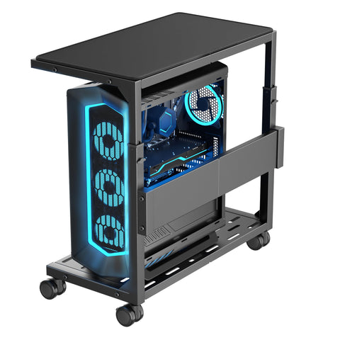 Aquzee PC Stand, Adjustable Computer Tower Stand, Black Heavy Duty Metal Under Desk CPU Floor Stand on Wheels, PC Case Trolley for Carpet