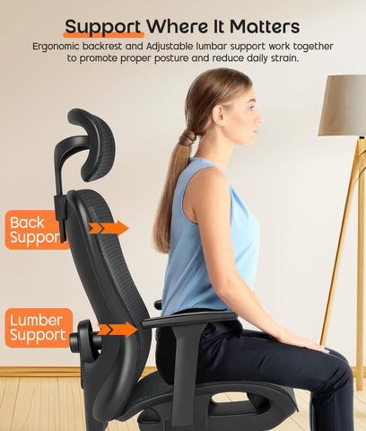 ADOV Office Chair with Headrest, Ergonomic 3D Armrest, Lumbar Support, 125° Rocking Swivel Computer Chair, High Back Mesh Reclining Desk Chair