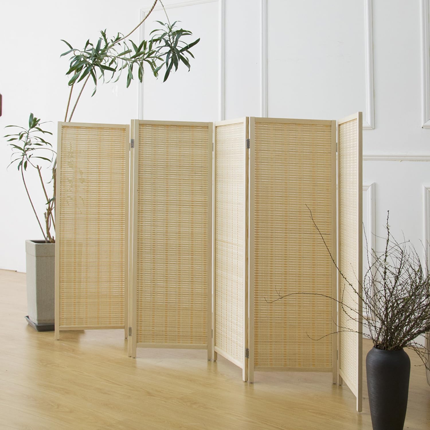 Furnnylane 6 Panel Bamboo Room Divider Short Folding Screen Divider,Double Sided Bamboo Panel Divider for Room Separation,Beige,120 cm H x 234 cm W