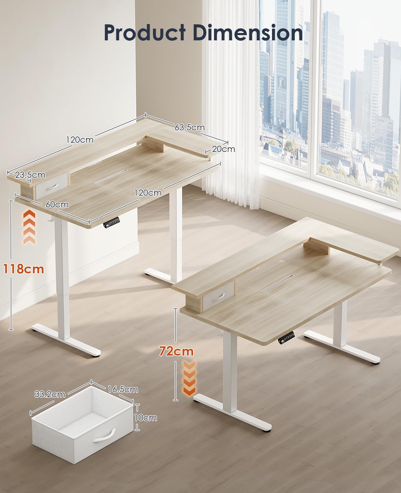 OffiGo Standing Desk with Drawers & Monitor Stand, USB Port, 120cm Beige