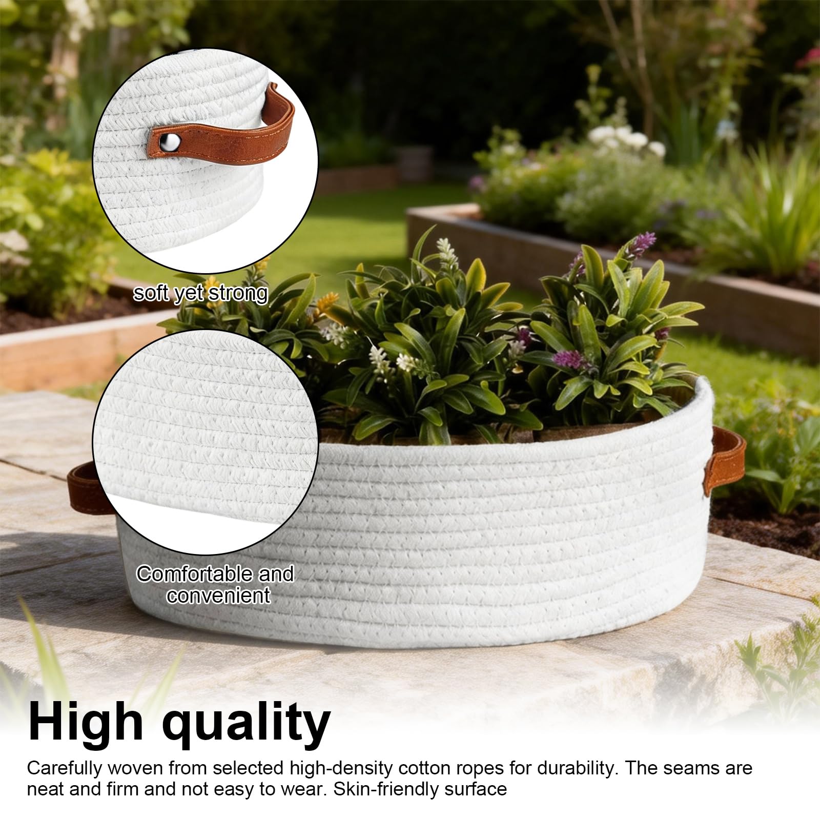 TIANLIN 2-Pack Woven Cotton Rope Small Storage Basket with Leather Handles, 33x15x10 cm (13"x6"x4"), Small Organiser Baskets for Bathroom, Bedroom