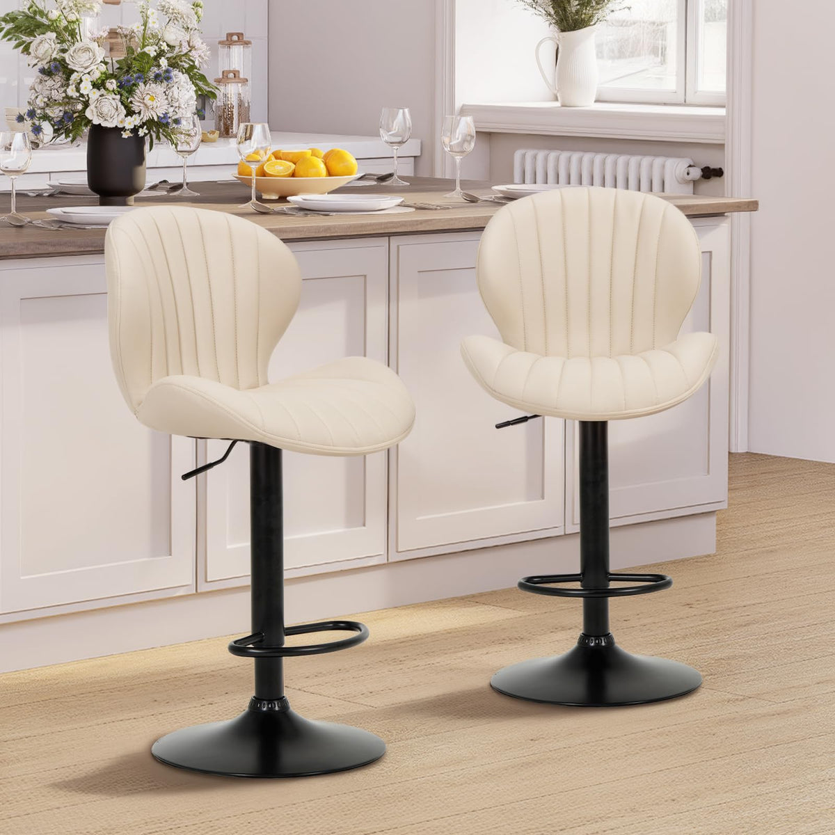 COLAMY Breakfast Bar Stools Set of 2, Modern Swivel Kitchen Bar Chairs, Adjustable PU Leather Upholstered Barstools Counter Height with High Backrest