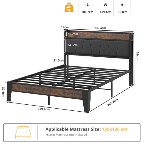 IRONCK Double Bed Frame with Storage Shelf Upholstered Headboard, Platform Bed Frame with Charging Station, Metal Bed Frame/UnderBed Storage