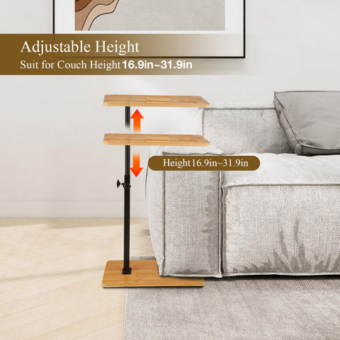 VeftBltrem C Shaped Side Table, Adjustable Height 17-32 Inch, 360° Rotating Desktop, Sturdy Bamboo Metal Base, Under Sofa Table for Living Room