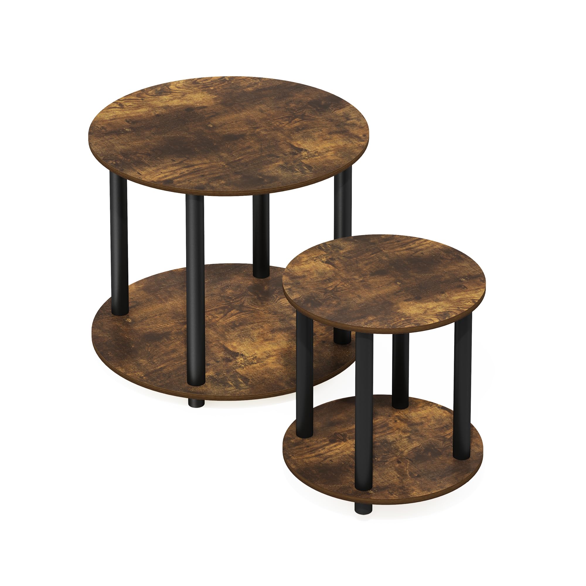 Furinno TURN-N-TUBE Side Table, 2-Tier Small Round End Table with Open Shelf, Toolless Assembly Night Stand, Bedside Table, for Living Room, Bedroom